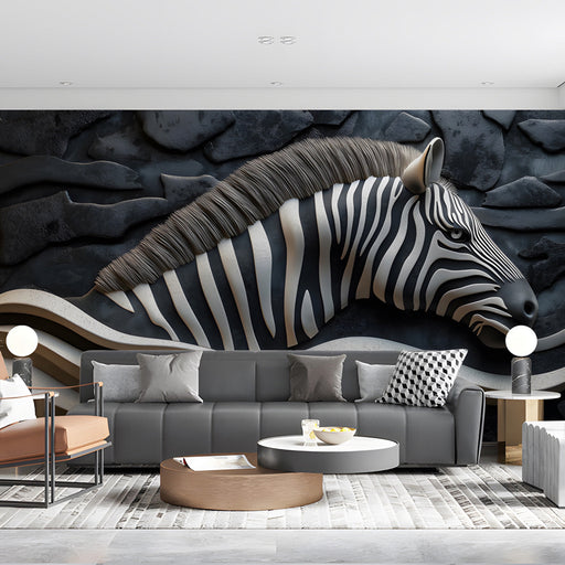 A modern living room featuring the zebra 3D mural behind a leather sofa
