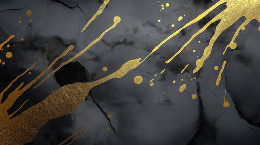 Abstract wallpaper pattern with metallic gold paint splashes on a dark charcoal ink wash background
