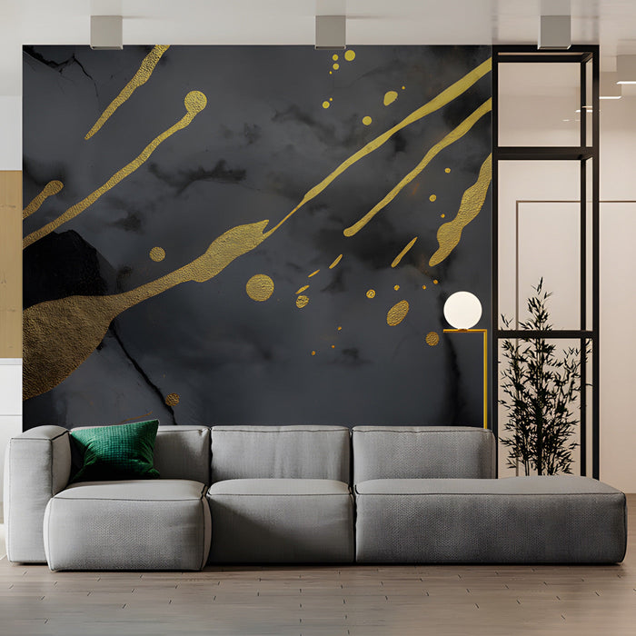 Sophisticated dining room wall decor featuring bold abstract gold strokes on black