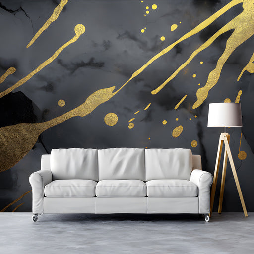 Modern living room featuring a dramatic black and gold abstract mural behind a velvet sofa