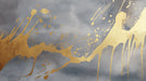 Abstract wallpaper pattern with metallic gold paint drips over a smoky charcoal and pewter concrete textured background.