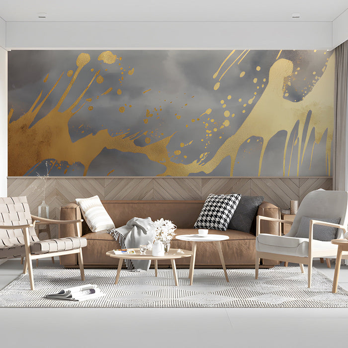 Sophisticated dining room wall featuring a large-scale metallic gold splash mural for a luxury interior finish.