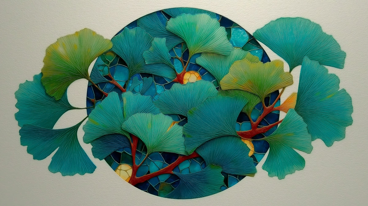 Circular mosaic art featuring teal and turquoise ginkgo leaves with rust-red branches on a cobalt blue background.
