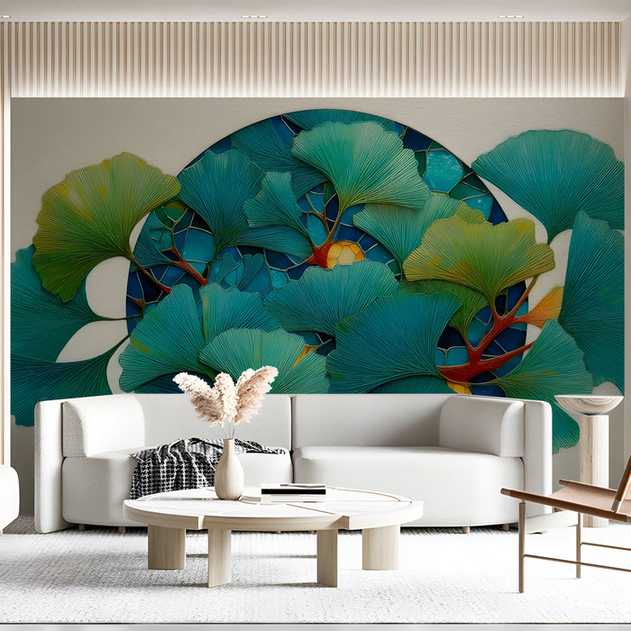 A contemporary home office with the blue ginkgo leaf wall mural providing a calm, artistic backdrop.