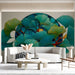 A contemporary home office with the blue ginkgo leaf wall mural providing a calm, artistic backdrop.