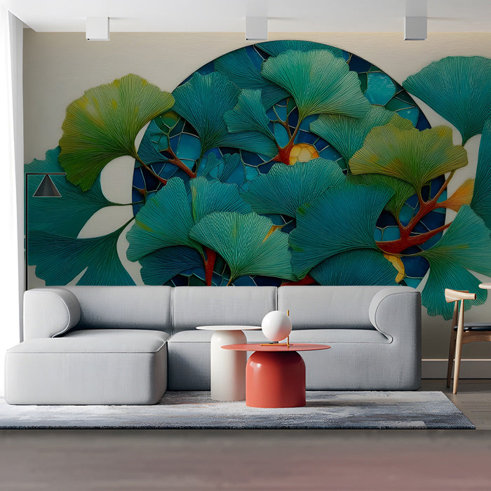 A sophisticated living room featuring the ginkgo leaf circular mural above a modern charcoal sofa.