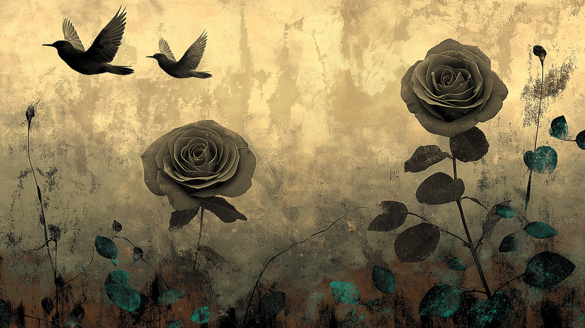 A mural design featuring charcoal roses and two birds in flight against a distressed, sepia-toned plaster background with teal leaf accents