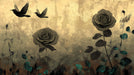 A mural design featuring charcoal roses and two birds in flight against a distressed, sepia-toned plaster background with teal leaf accents