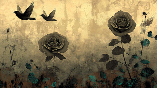 A mural design featuring charcoal roses and two birds in flight against a distressed, sepia-toned plaster background with teal leaf accents