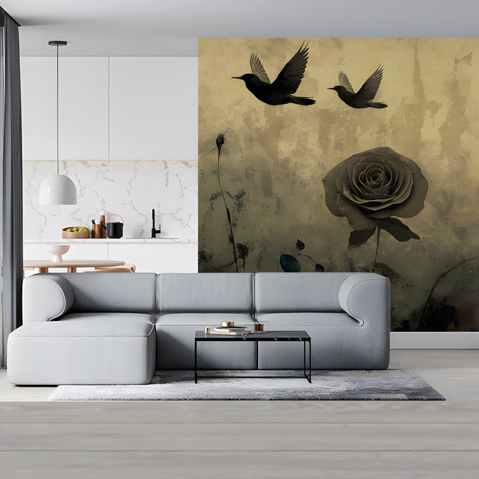 A stylish entryway showing the large-scale rose and bird pattern in a sepia and teal palette