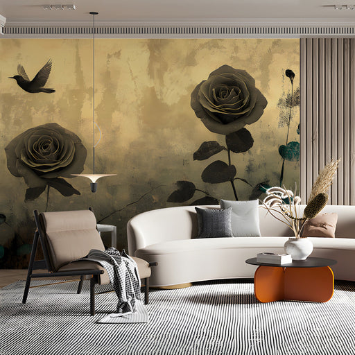 A cozy bedroom featuring a vintage floral mural on the main wall with soft, warm lighting