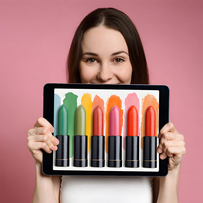 A modern creative studio space with the colorful lipstick wallpaper adding energy to the office environment.