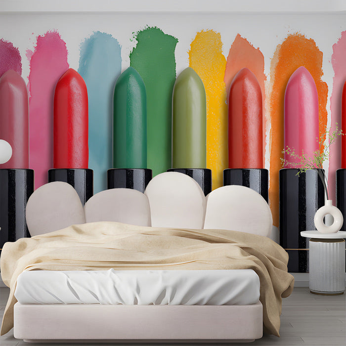 A fashion-forward walk-in closet wall decorated with the artistic lipstick swatch pattern mural.