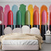 A fashion-forward walk-in closet wall decorated with the artistic lipstick swatch pattern mural.