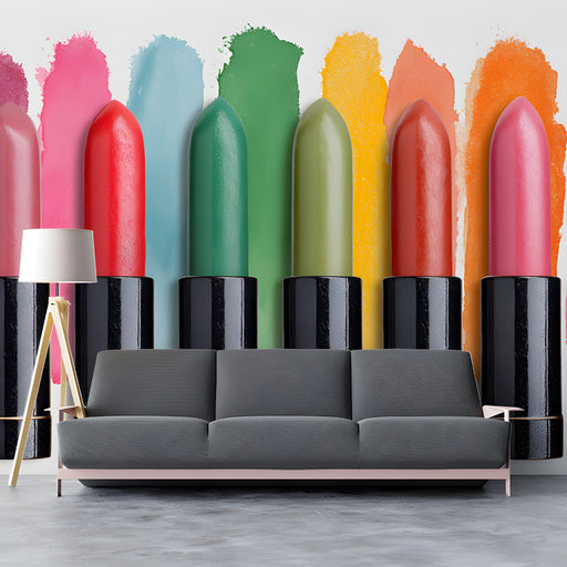 A stylish dressing room featuring the lipstick mural as a vibrant accent wall behind a vanity mirror.