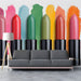 A stylish dressing room featuring the lipstick mural as a vibrant accent wall behind a vanity mirror.