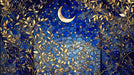 Stained glass style wallpaper featuring a gold crescent moon and gold leaves over a mosaic of deep cobalt blue stones.