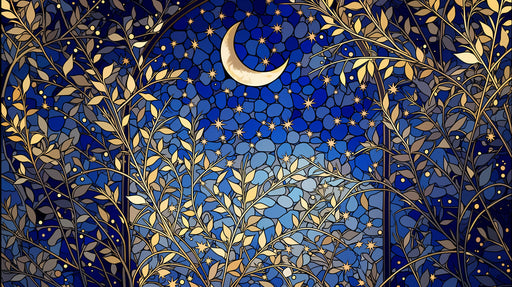 Stained glass style wallpaper featuring a gold crescent moon and gold leaves over a mosaic of deep cobalt blue stones.