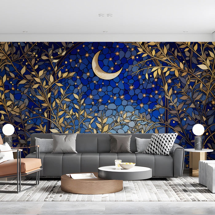 A cozy reading nook featuring an illuminated midnight blue mural with gold botanical accents and soft warm lighting.