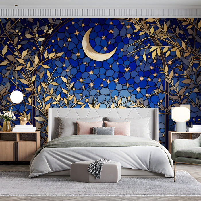 A moody bedroom featuring a dark blue moon and golden foliage mural behind a plush velvet headboard.