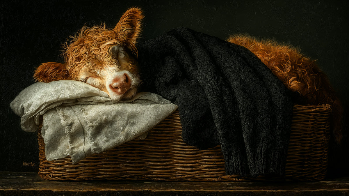 Oil painting style wallpaper pattern of a sleeping fluffy Highland calf in a wicker basket