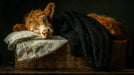 Oil painting style wallpaper pattern of a sleeping fluffy Highland calf in a wicker basket