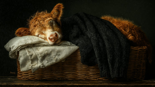 Oil painting style wallpaper pattern of a sleeping fluffy Highland calf in a wicker basket