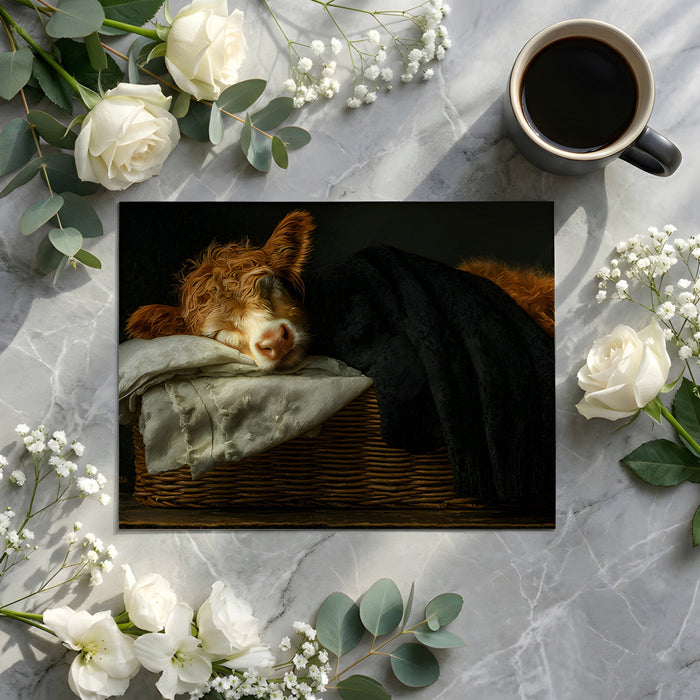 Moody bedroom wall mural featuring a sleeping calf behind a cream bed frame