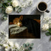 Moody bedroom wall mural featuring a sleeping calf behind a cream bed frame