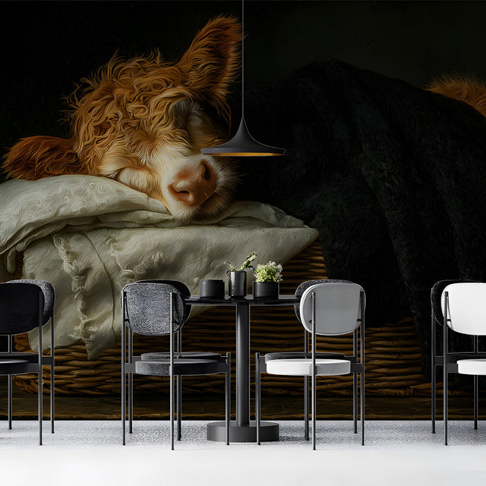 Cozy nursery room with a Highland calf wall mural and neutral furniture