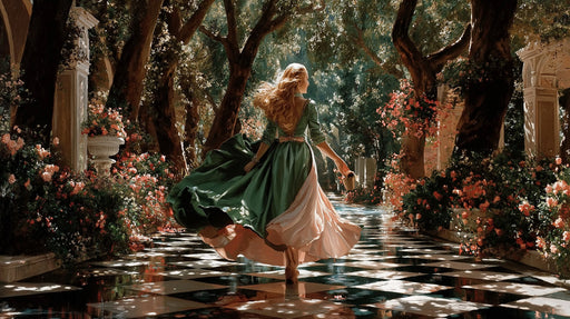 A romantic garden mural featuring a woman in a green dress walking on a checkerboard path surrounded by roses.