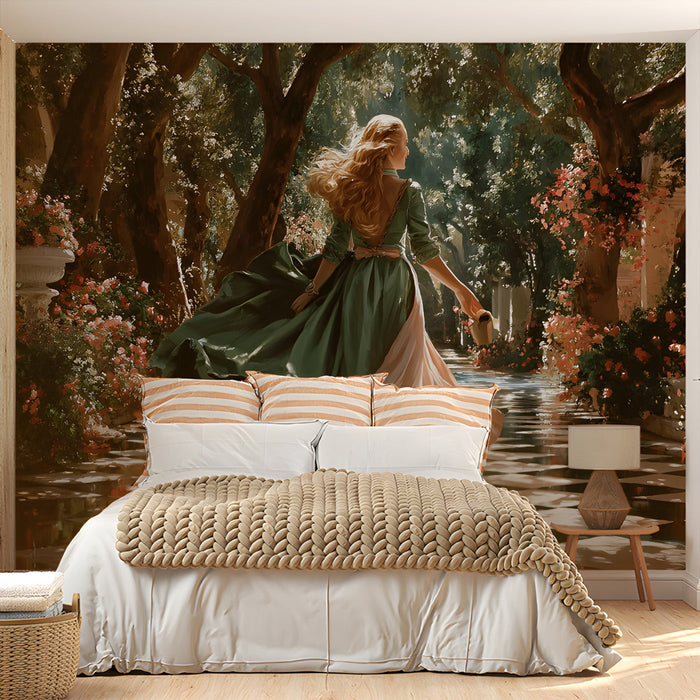 A sophisticated home library featuring an artistic garden landscape wallpaper on the back wall.
