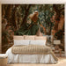 A sophisticated home library featuring an artistic garden landscape wallpaper on the back wall.