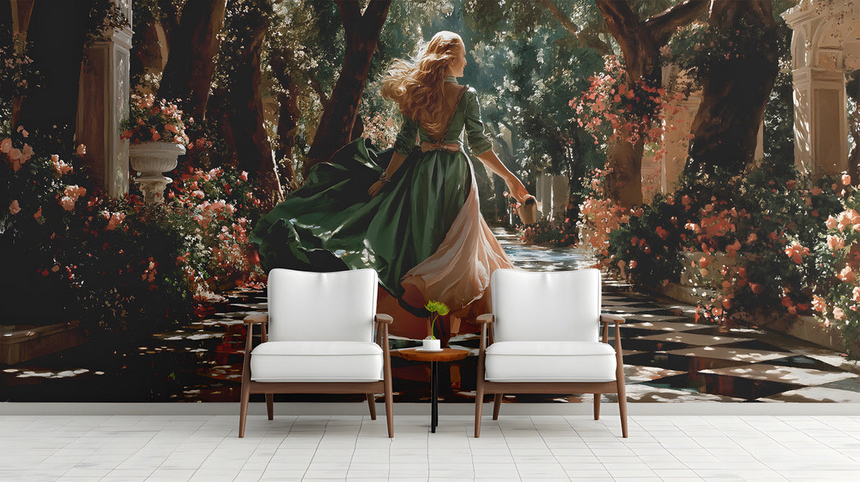 A luxurious primary bedroom featuring a romantic garden landscape mural on the accent wall.