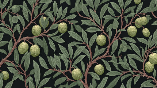Olive grove botanical mural wallpaper featuring sage green leaves and olives on a dark charcoal background.