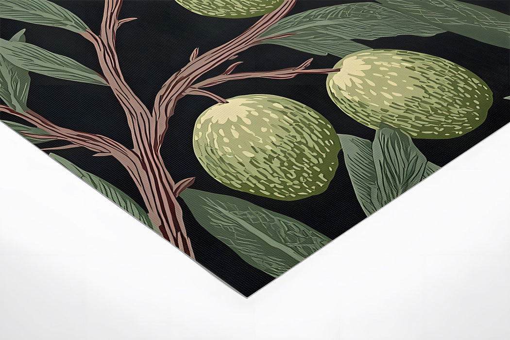 A sophisticated dining room space with botanical olive mural wallpaper and modern wooden furniture.