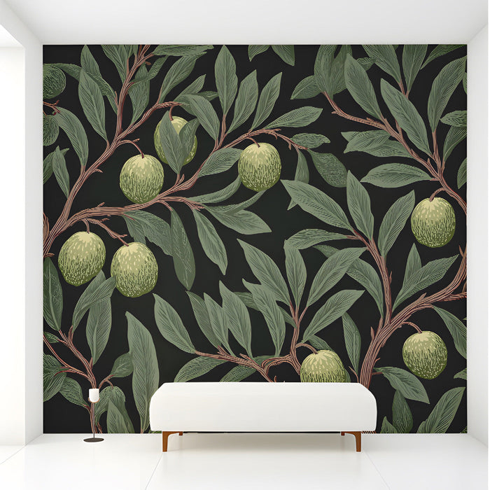 A moody home office interior showcasing a dark olive botanical mural wall behind a classic desk.