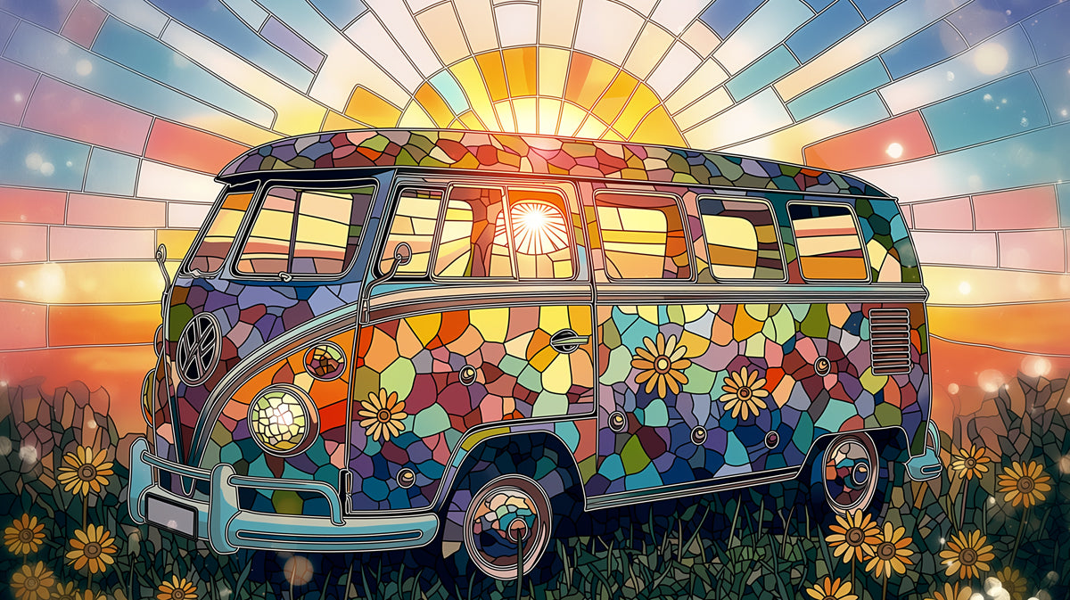 Stained glass mosaic mural featuring a vintage van in a daisy field at sunset with colorful glass shards.
