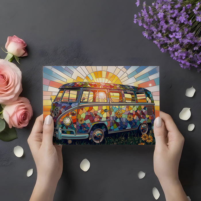 A cozy home office space featuring the colorful mosaic van mural as a vibrant, inspiring backdrop.