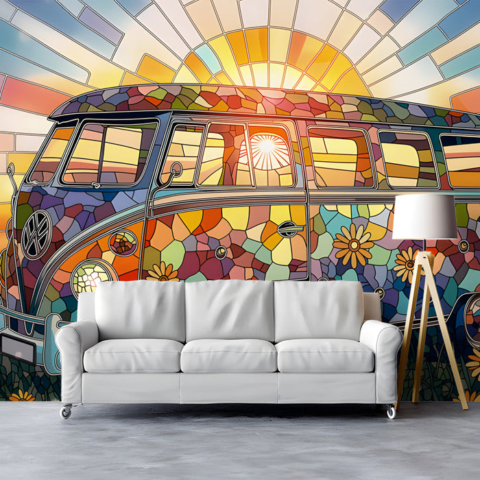 Playful bedroom interior featuring the retro camper van mural to add a splash of color to the wall.
