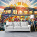 Playful bedroom interior featuring the retro camper van mural to add a splash of color to the wall.