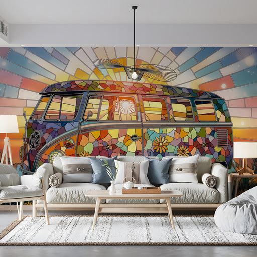 Vintage van stained glass mural installed in a brightly lit, eclectic living room with mid-century furniture.