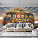 Vintage van stained glass mural installed in a brightly lit, eclectic living room with mid-century furniture.