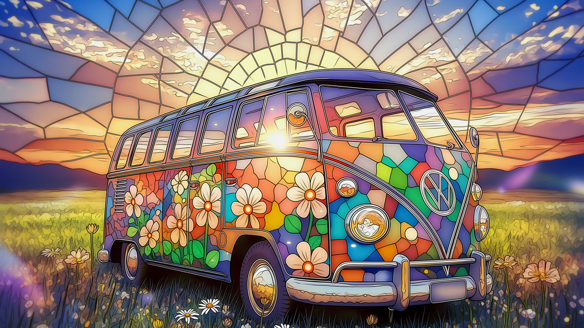 Stained glass retro van with daisy floral patterns in a meadow at sunset