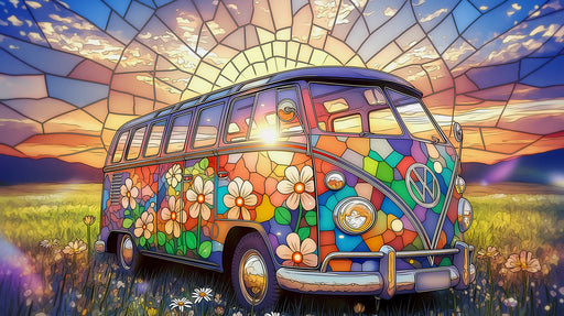 Stained glass retro van with daisy floral patterns in a meadow at sunset