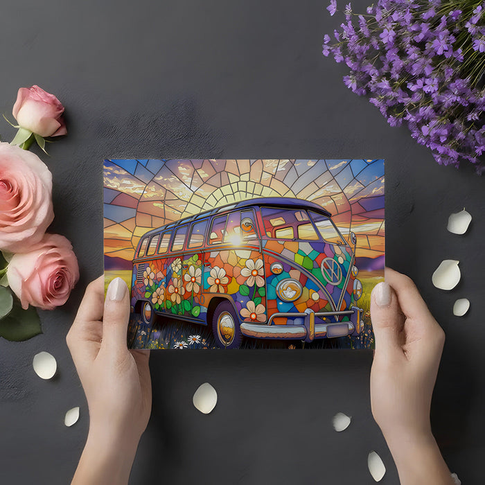 Stained glass style floral camper van wallpaper in a playful kid’s bedroom