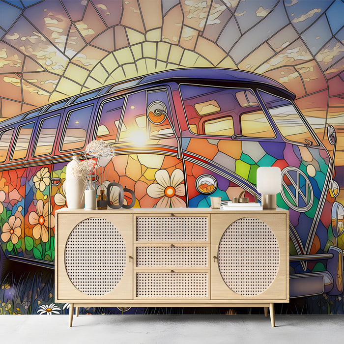 Vibrant floral van mural used as a creative backdrop in an office space