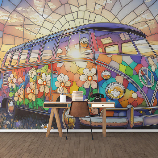 Retro van mural installed on a large feature wall in a colorful living room