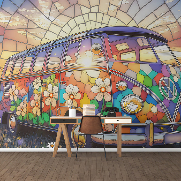 Retro van mural installed on a large feature wall in a colorful living room