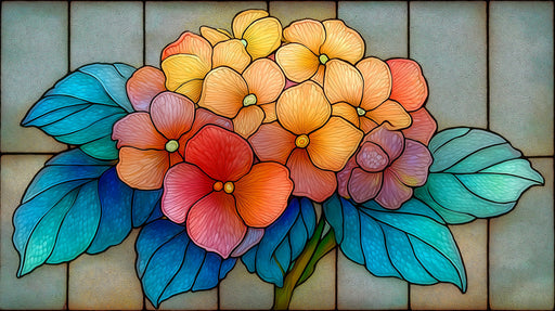 A vibrant stained glass style mural featuring amber and rose flowers with teal leaves on a gray grid background.
